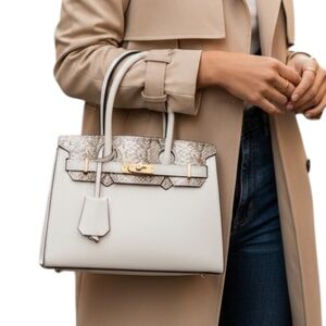 Beige Faux Snakeskin Square Crossbody Lock Charm Purse